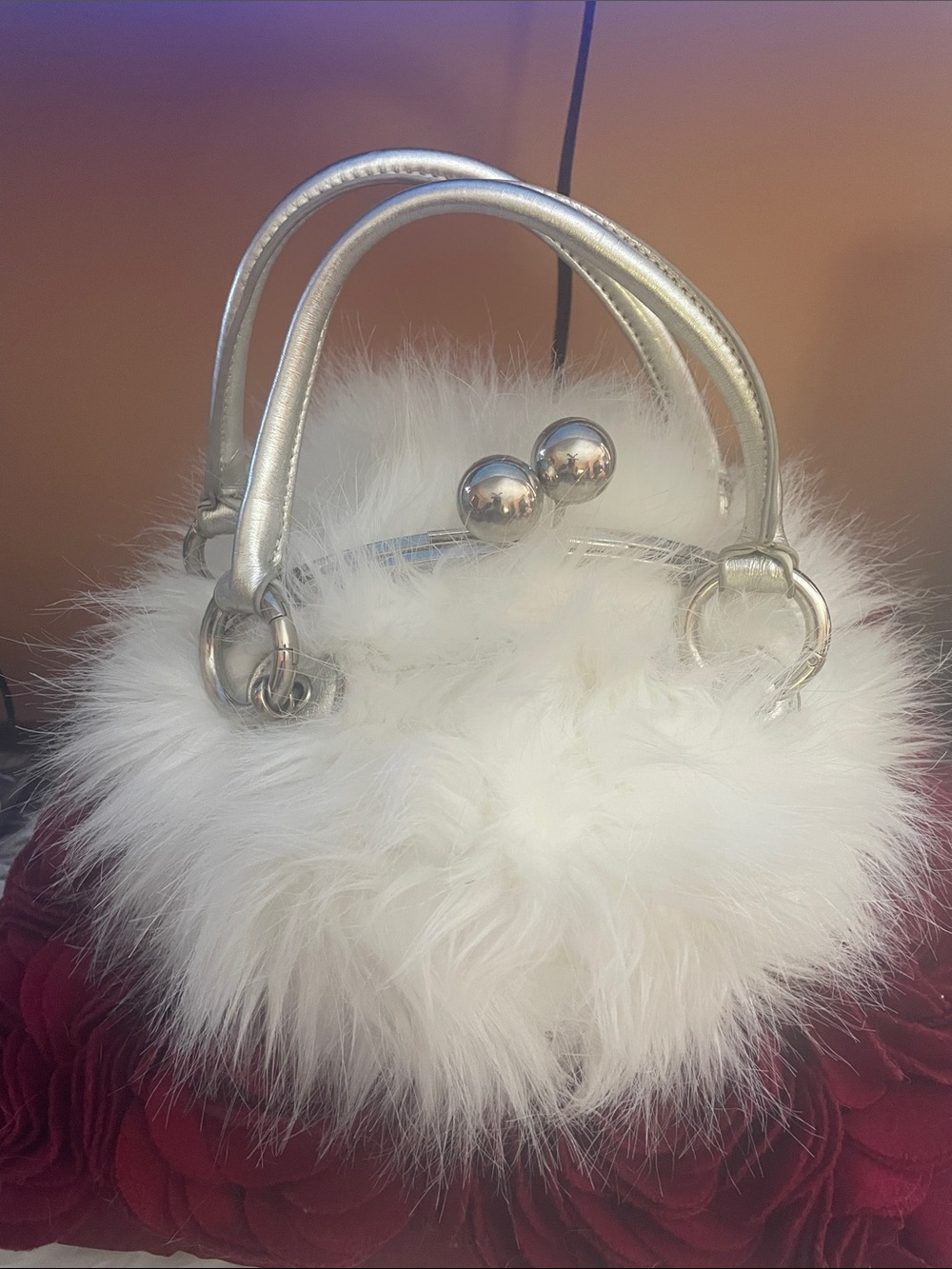 White Faux Fur Mini Handbag with Silver Accents